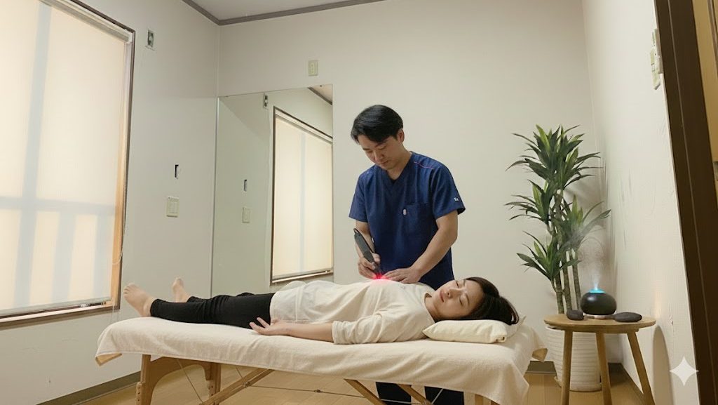 寝ても疲れが抜けない原因である呼吸の浅さを整体と光ケアで整える施術風景（佐野市）