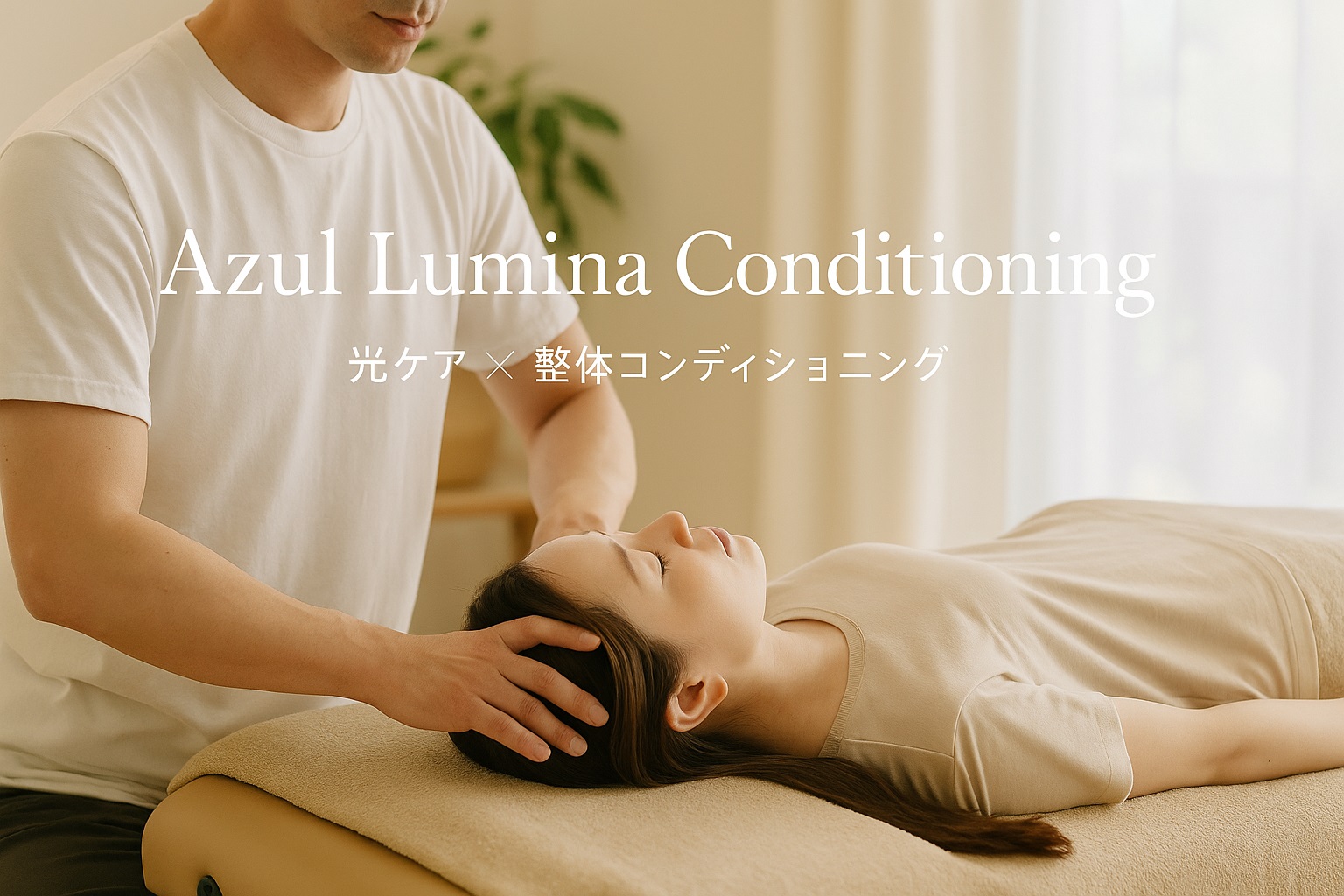 Azul Lumina Conditioningで男性施術者が女性に光ケア×整体コンディショニングを行う施術シーン